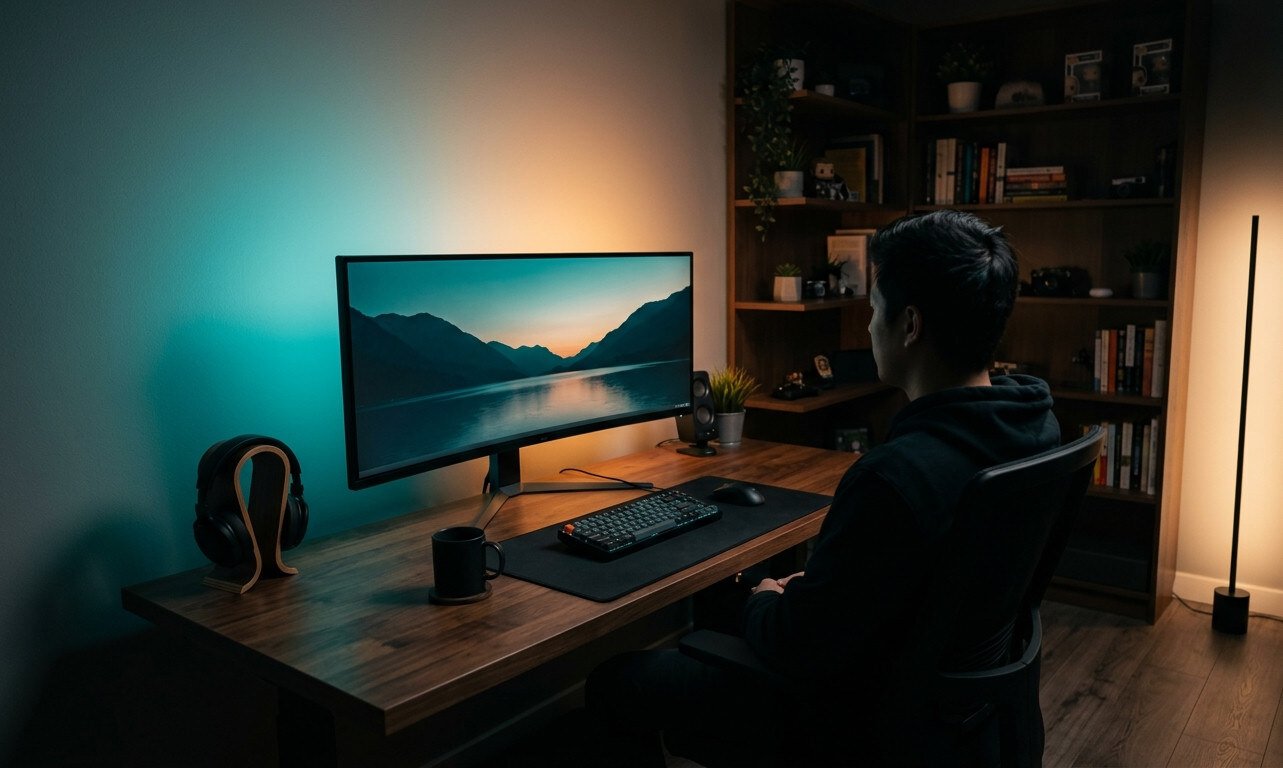 A desk in a dark room with an ultrawide monitor showing a teal and orange mountain scene. The wall behind carries the same colours: teal on the left, warm sunset light on the right.